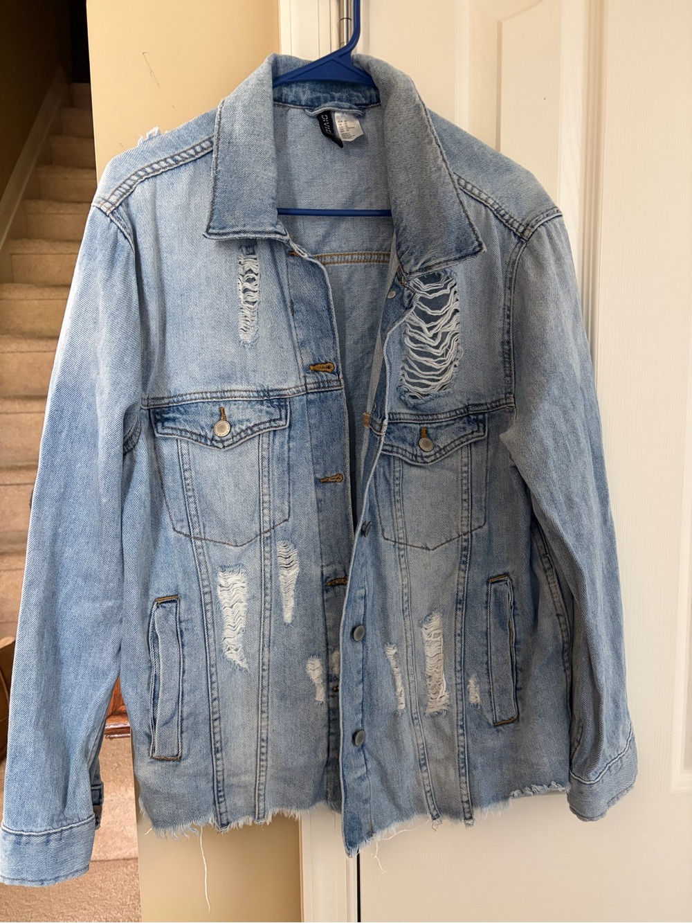 Light Blue Distressed Denim Jacket - Women